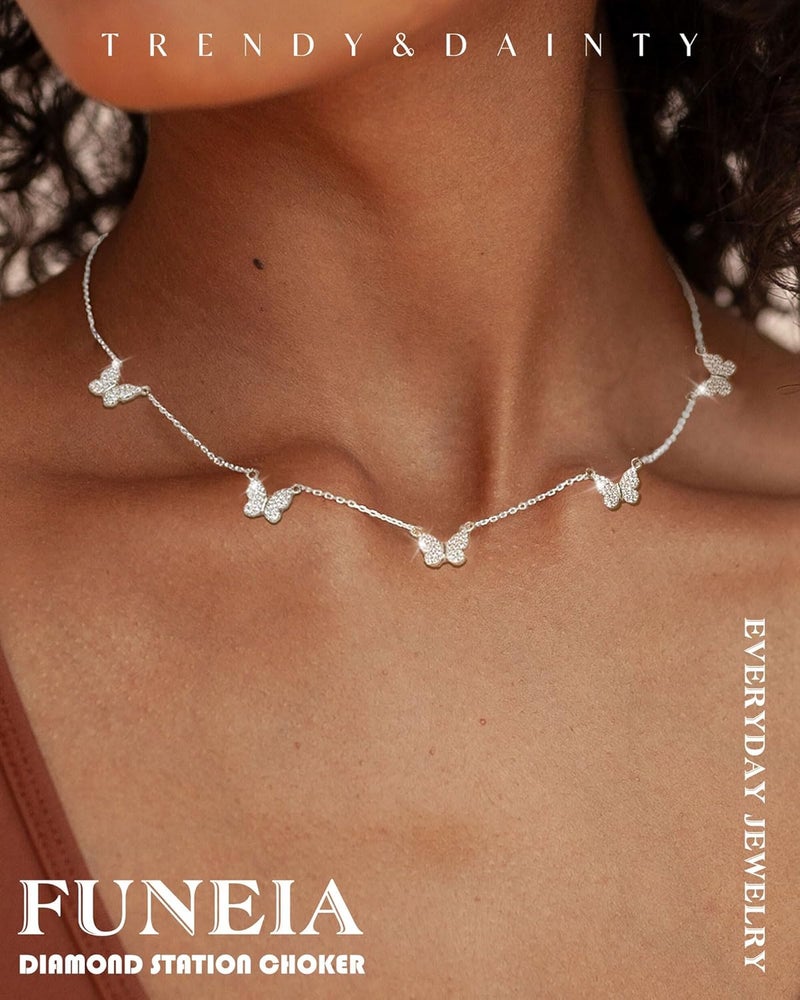 FUNEIA Dainty Silver Gold Necklaces for Women Trendy Non Tarnish 14K Gold Plated Cubic Zirconia Necklace Layered Cute Butterfly Heart Station Choker Necklace Stack for Wedding Prom Brides Jewelry - Image 2